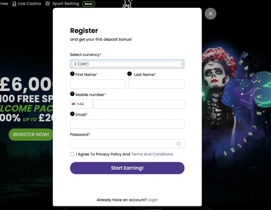 Magic Win registration form to receive a bonus on the first deposit